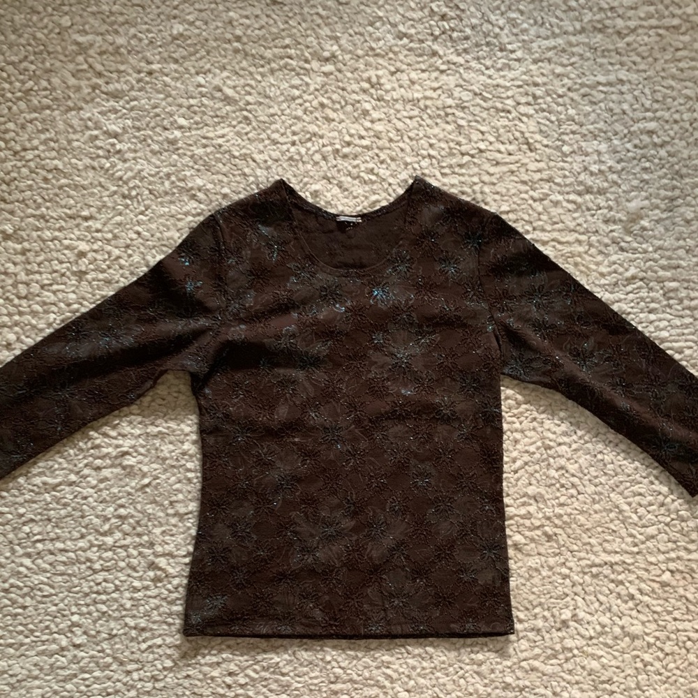 Vintage Brown Floral Top with Blue Sparkly Threading 3/4 Length Sleeves